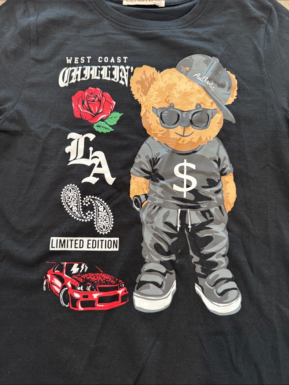 Cali Supply West Coast Hip Hop Streetwear Bear Crew Neck Short Sleeve Shirt Boys